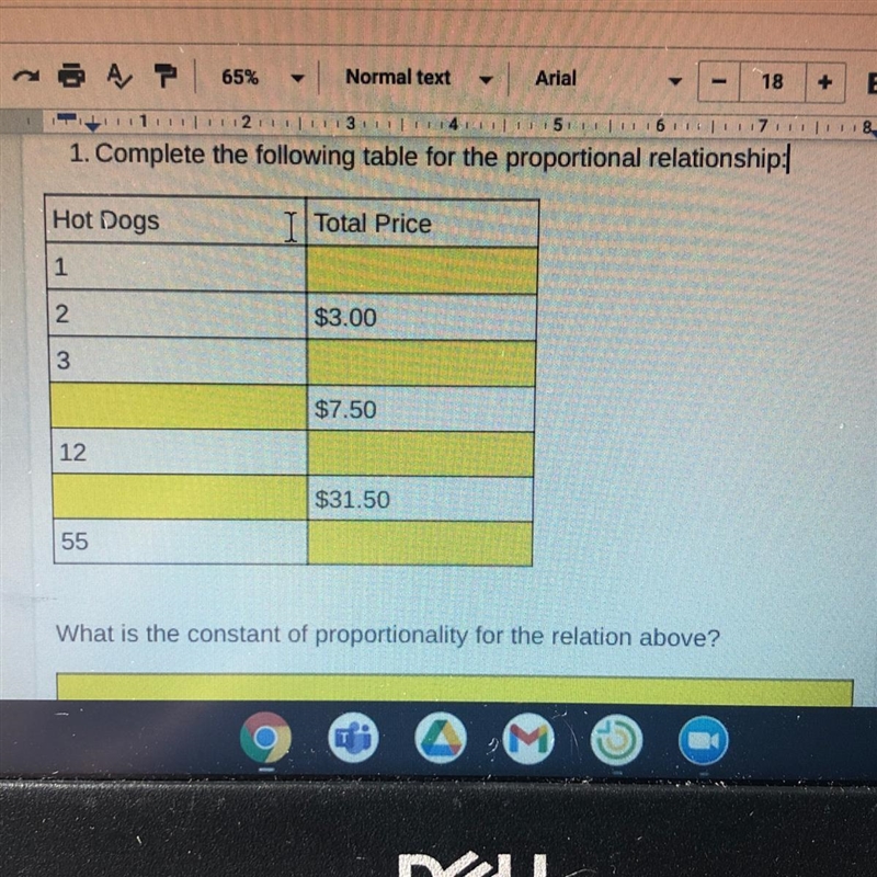 1. Complete the following table for the proportional relationship: Hot Dogs I Total-example-1