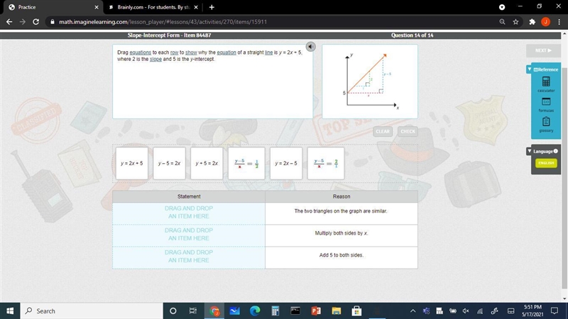 Drag equations to each row to show why the equation of a straight line is y = 2x + 5, where-example-1