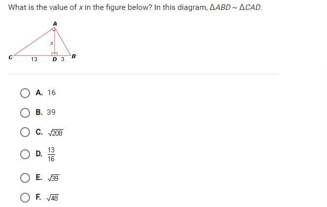 What is the value of x in the figure below? In this diagram, ABD ~ CAD. Could somebody-example-1