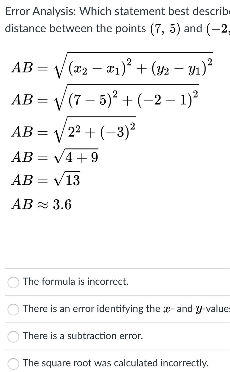 error analysis: which statment best descrobes the error in finding the distance between-example-1