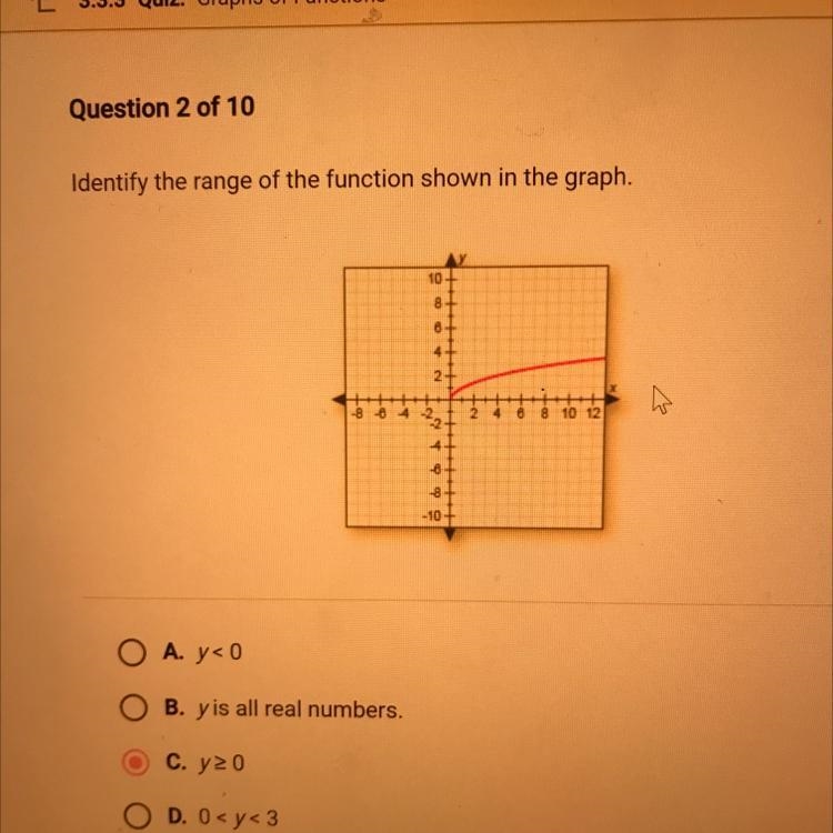 Plz help Identify the range of the function shown in the graph A. Y< 0 B. Y is-example-1