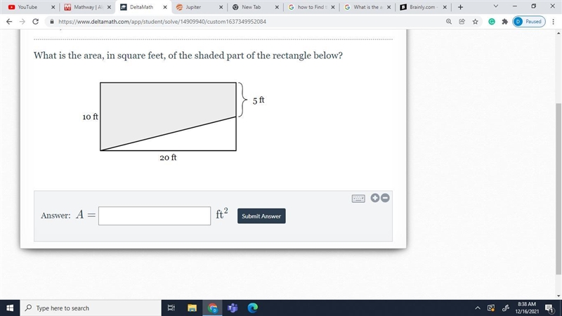 What is the area, in square feet, of the shaded part of the rectangle below?-example-1