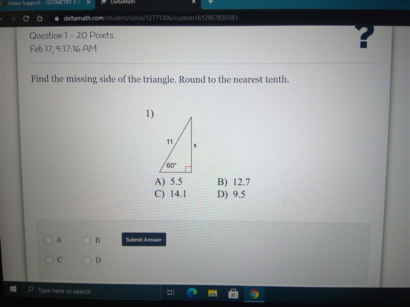 Find the missing side of the triangle. Round to the nearest tenth.-example-1