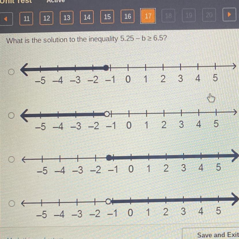 What is the solution to the inequality 5.25 - b 2 6.52 + +→ 5 -5 -4 -3 -2 -1 0 1 2 3 4 OH-example-1