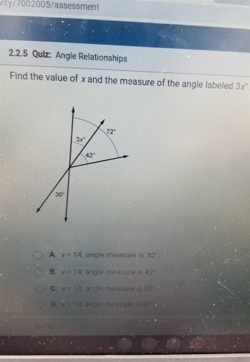 NEED HELP ASAP !! A. x=14; angle measure is 30° B. x=14; angle measure is 42° C. x-example-1