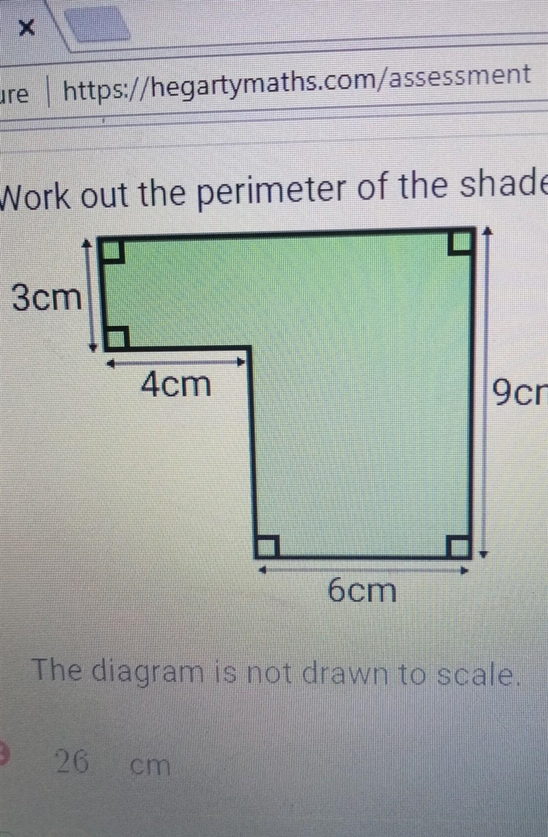 Work out the perimeter of the shaded shape 3cm 4cm 9cm 6cm The diagram is not drawn-example-1