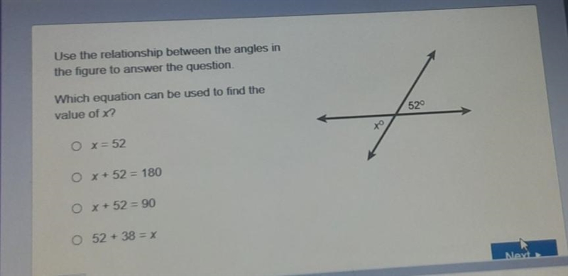 Which equation can be used to find the value of x A.(x=52) b.(x+52=90) c.(x+52=90) D-example-1