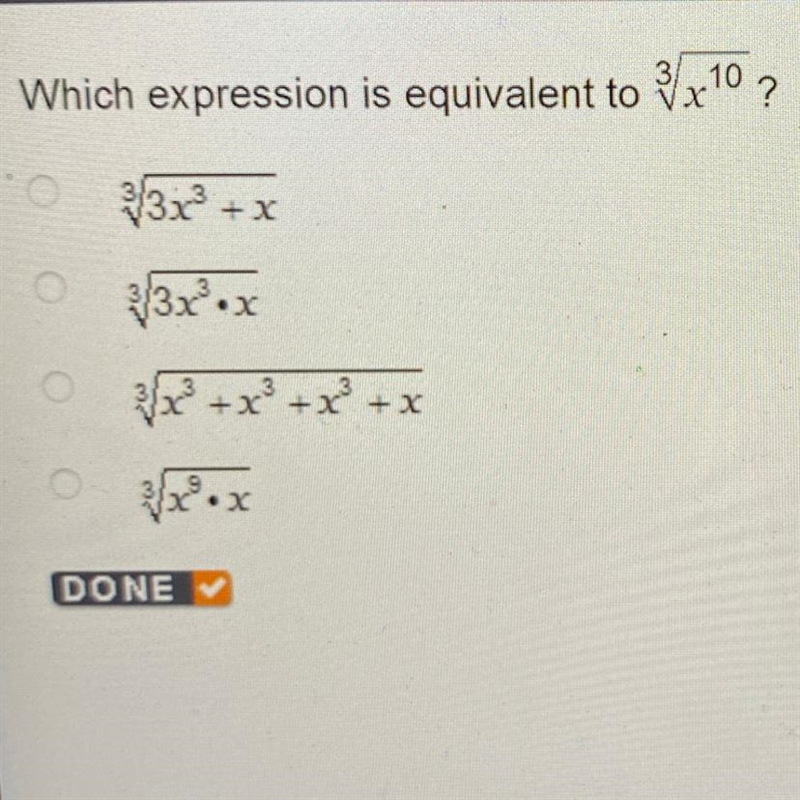 Which expression is equivalent to ^3 square root x^10-example-1