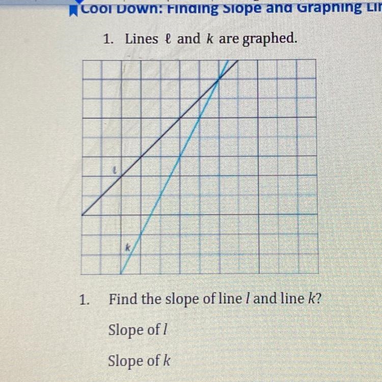 1. Lines ļ and k are graphed. 1. Find the slope of line land line k? Slope of 7 Slope-example-1