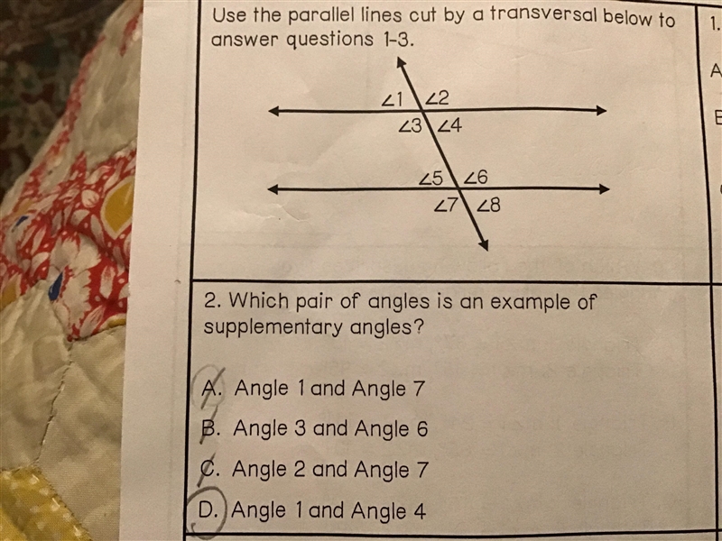 Which pair of angles is an example of supplementary angles?-example-1