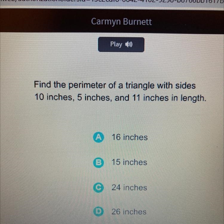 Find the perimeter of a triangle with sides 10 inches, 5 inches, and 11 inches in-example-1