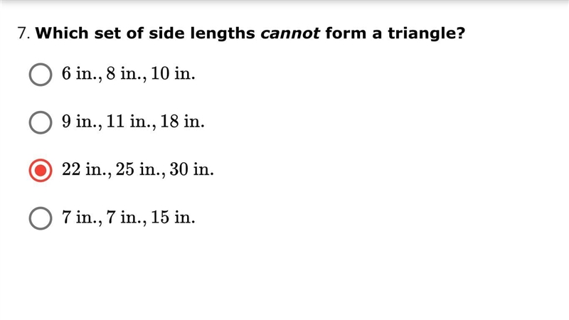 Which set of side lengths cannot form a triangle? (screen shot attached)-example-1