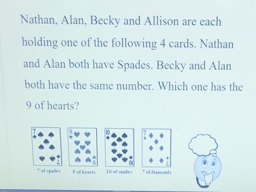 Nathan, Alan, Becky and Allison are each holding one of the following 4 cards. Nathan-example-1