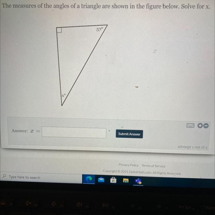 The measures of the angles of a triangle are shown in the figure below. Solve for-example-1