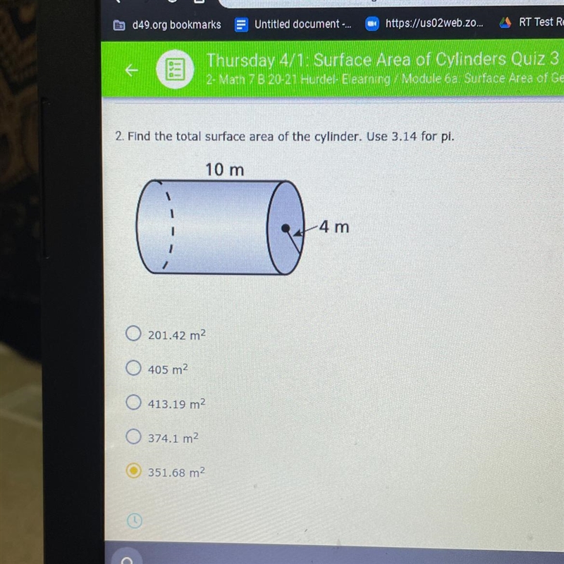 Find the total surface area of a cylinder. Use 3.14 for pi 1. 201.42 m 2. 405 m 3. 414.19 m-example-1