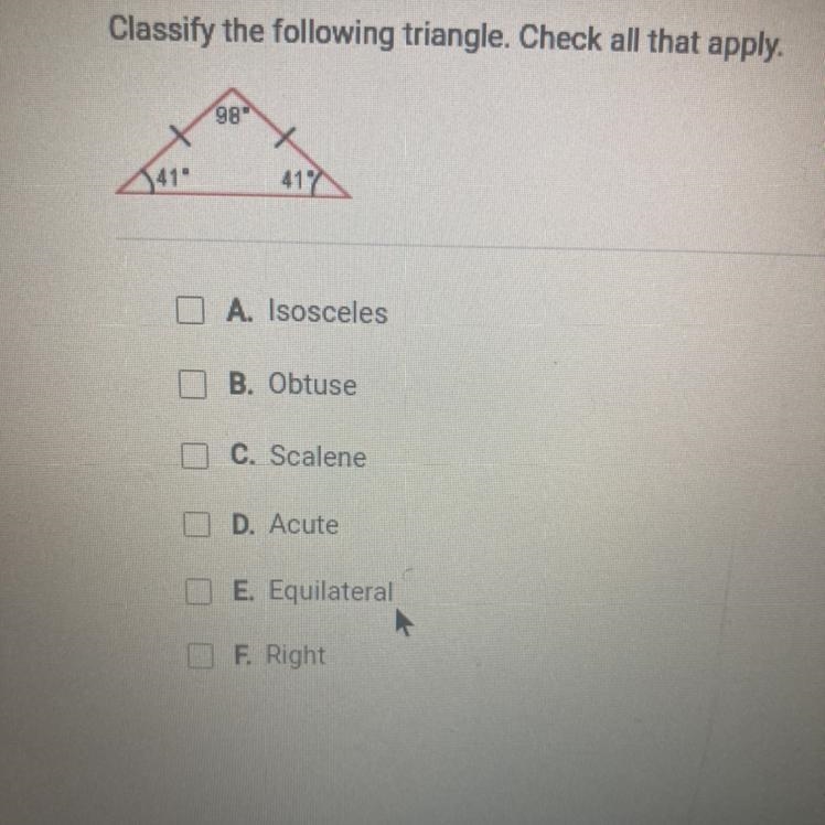 Classify the following triangle. Check all that apply. DA. Isosceles D B. Obtuse C-example-1