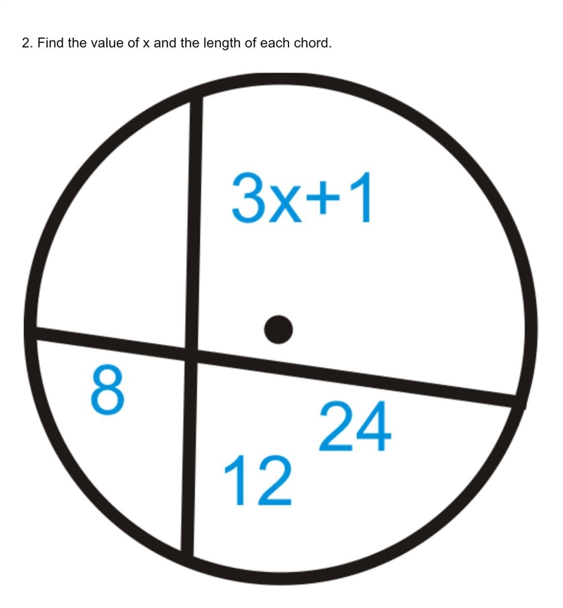 Find the value of x and the length of each chord.-example-1