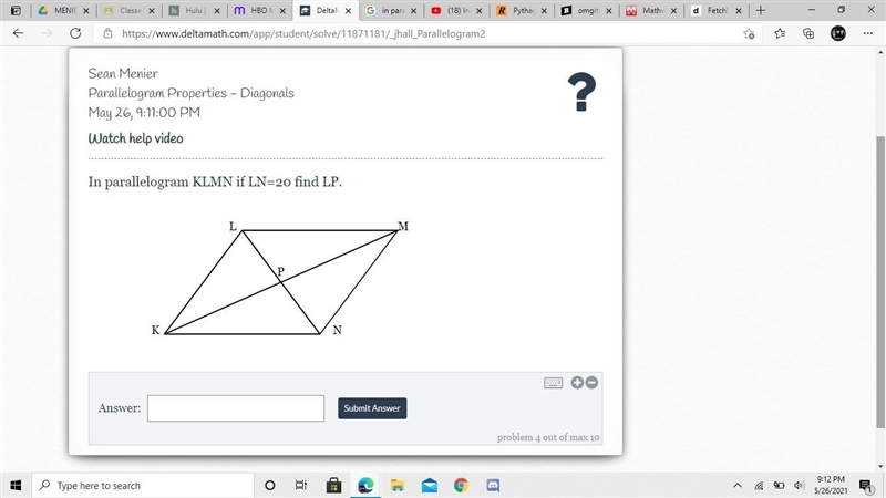 In parallelogram KLMN if LN=20 find LP.-example-1