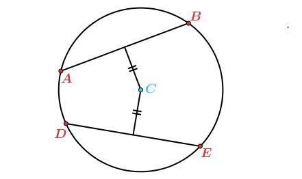 Study the diagram of circle C, where two chords, AB¯¯¯¯¯¯¯¯ and DE¯¯¯¯¯¯¯¯, are equidistant-example-1