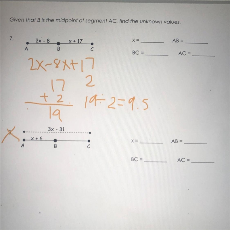 Given that B is the midpoint of segment AC, find the unknown values. 7. X= AB= 2X-example-1