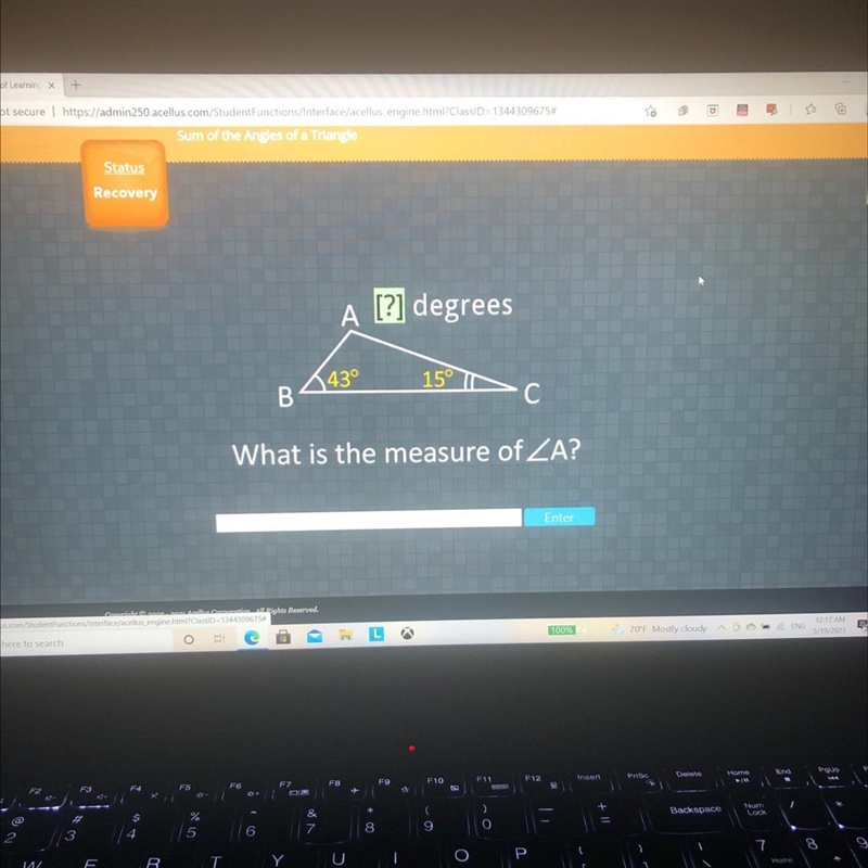 A [?] degrees 43° 15° C B С What is the measure of ZA? Enter-example-1