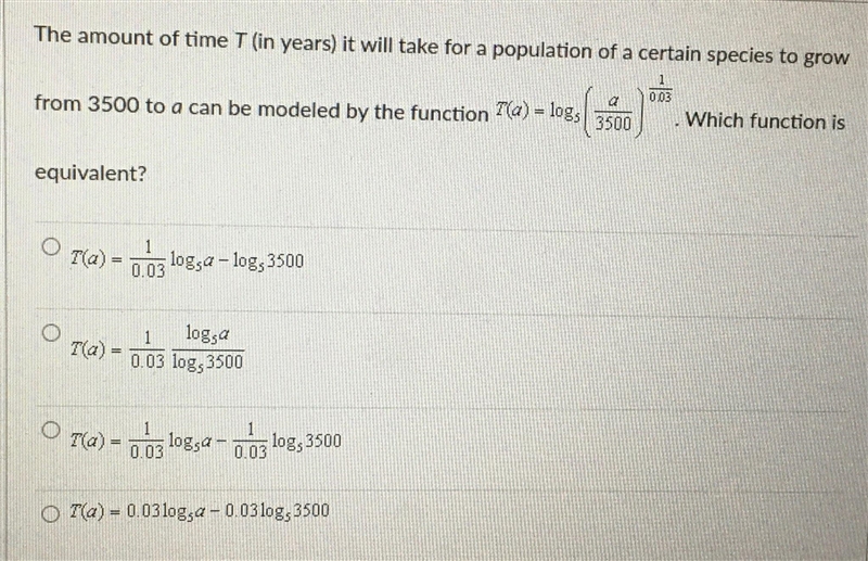 The amount of time T (in years) it will take for a population of a certain species-example-1