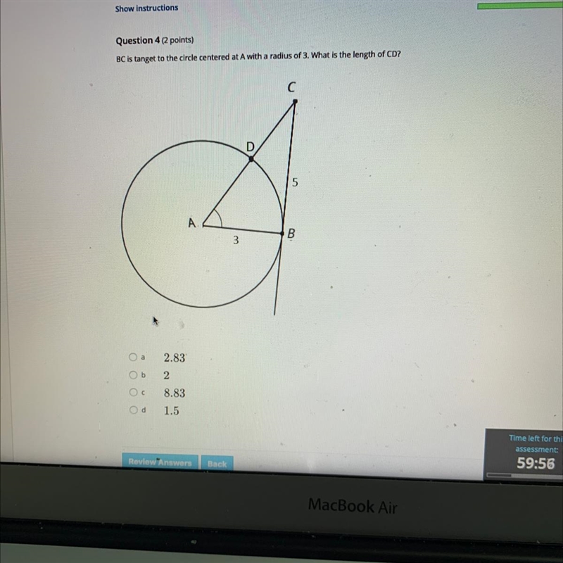 BC is tanget to the circle centered at A with a radius of 3. What is the length of-example-1