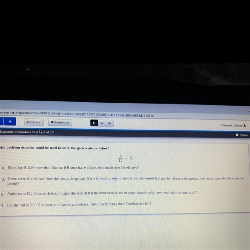 Which problem situation could be used to solve the open sentence below? p/12=? please-example-1