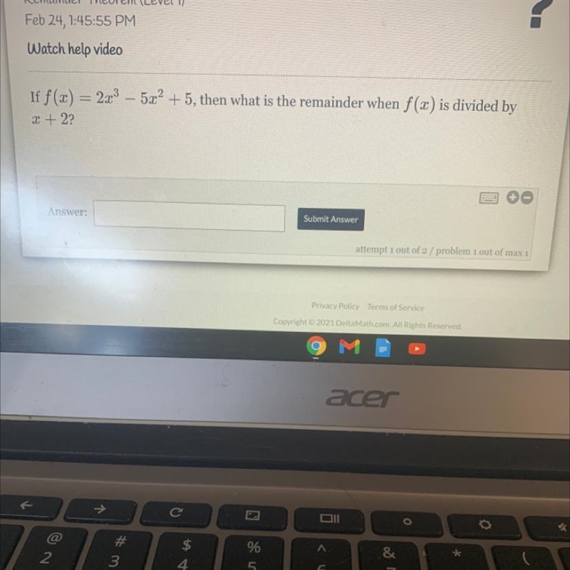 If f(x) = 2x3 – 5x2 + 5, then what is the remainder when f (x) is divided by X + 2?-example-1