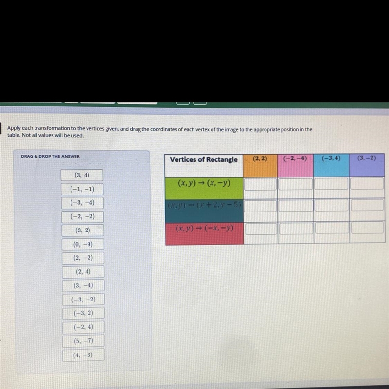 (75 points) Apply each transformation to the vertices given, and drag the coordinates-example-1