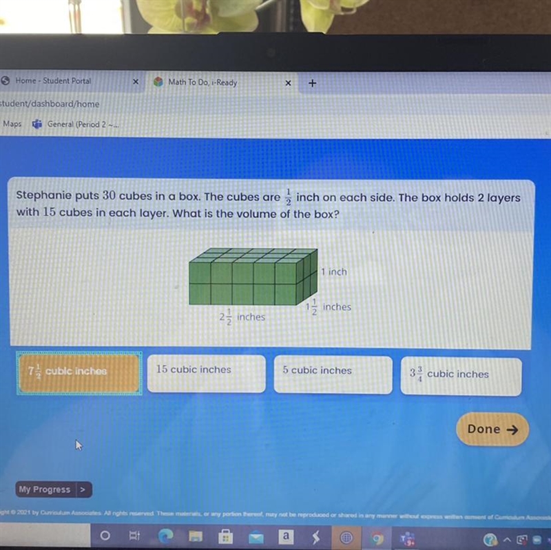 Stephanie puts 30 cubes in a box. The cubes are inch on each side. The box holds 2 layers-example-1