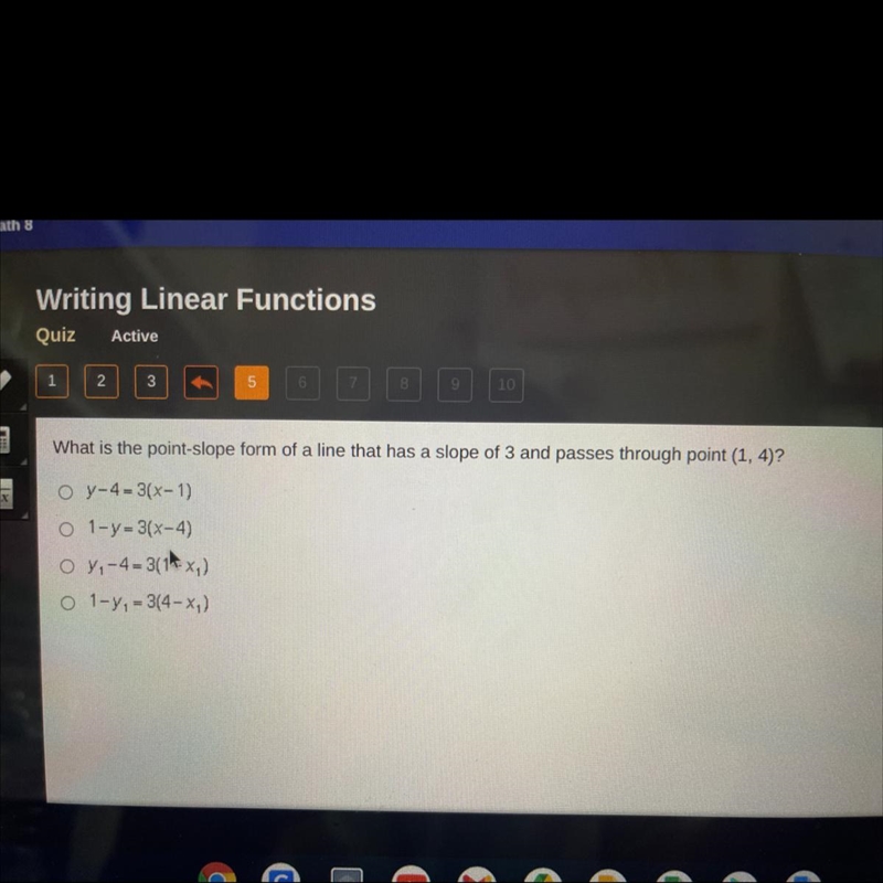 What is the point slope of a line that has a slope of three and passes through the-example-1