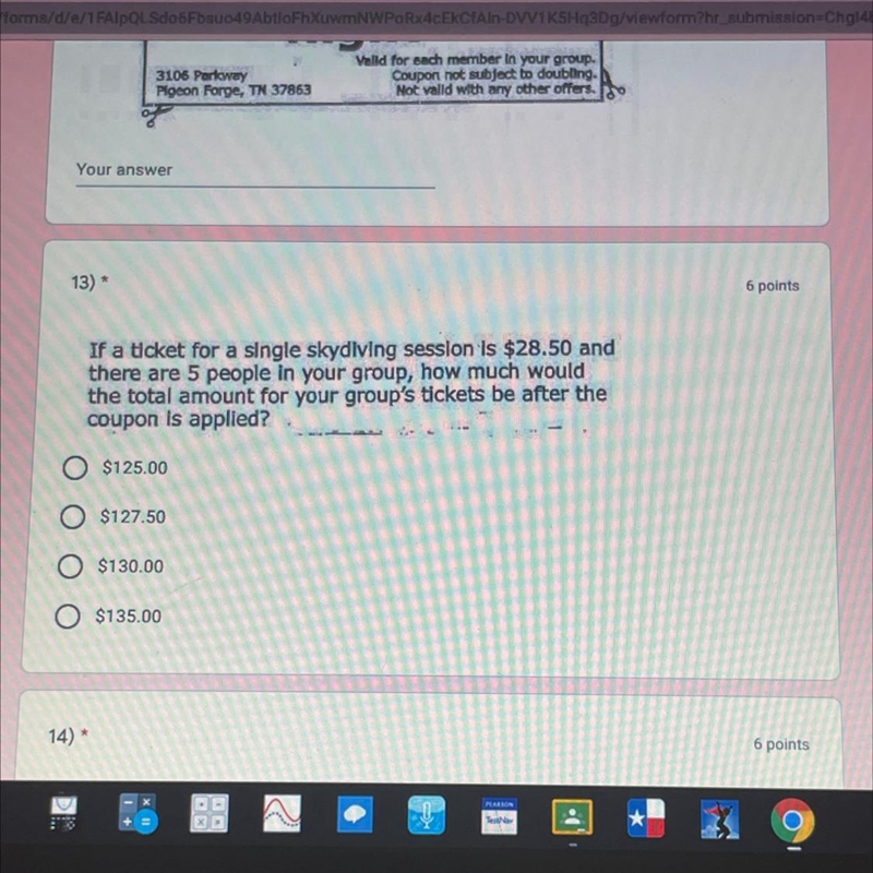 13) * 6 points If a ticket for a single skydiving session is $28.50 and there are-example-1