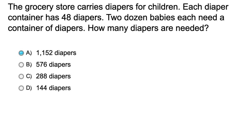 The grocery store carries diapers for children. Each diaper container has 48 diapers-example-1