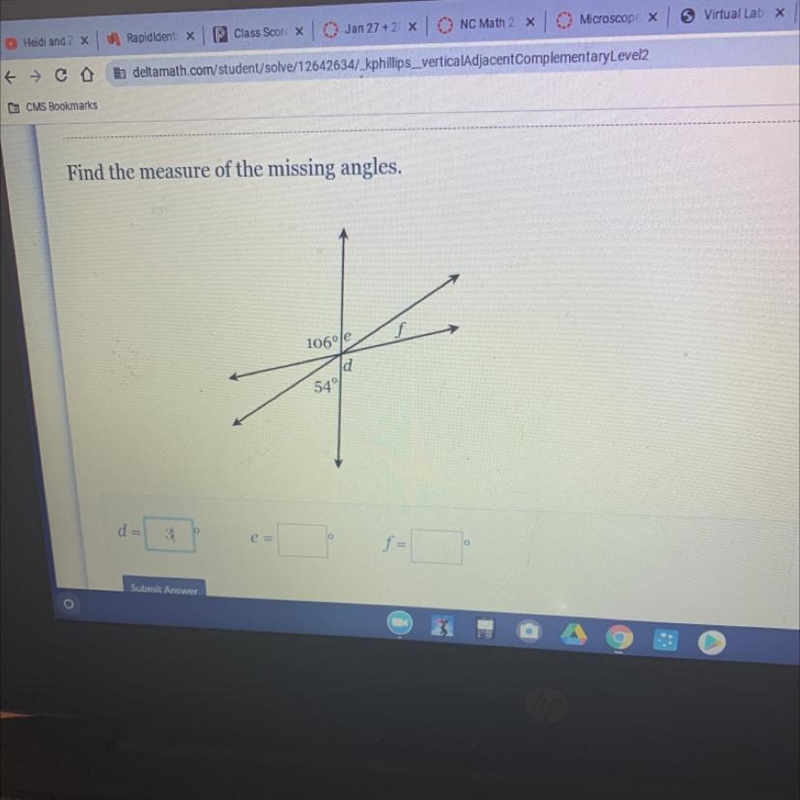 Find the measure of the missing angles. 106e d 54-example-1