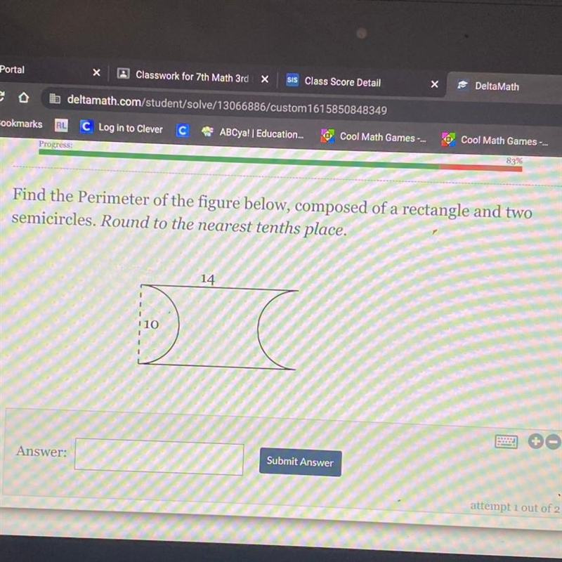 Find the Perimeter of the figure below, composed of a rectangle and two semicircles-example-1