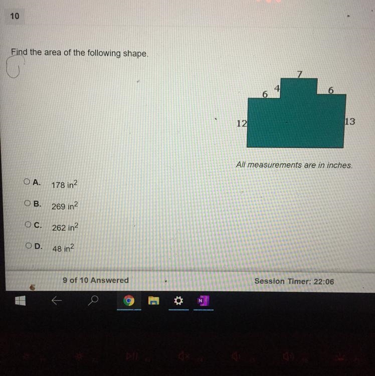 What is the area of this shape A.178 in B.269 in C.262 in D.48 in-example-1