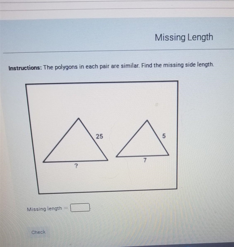 The polygons in each pair are similar. find the missing side length​-example-1