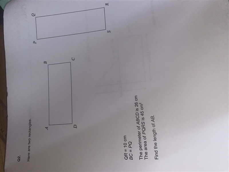 The perimeter of ABCD is 26 cm The area of PQRS is 45 cm(squares) Find the length-example-1