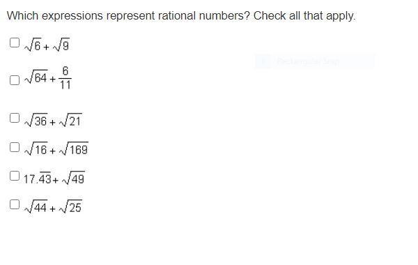 Which expressions represent rational numbers? Check all that apply.-example-1