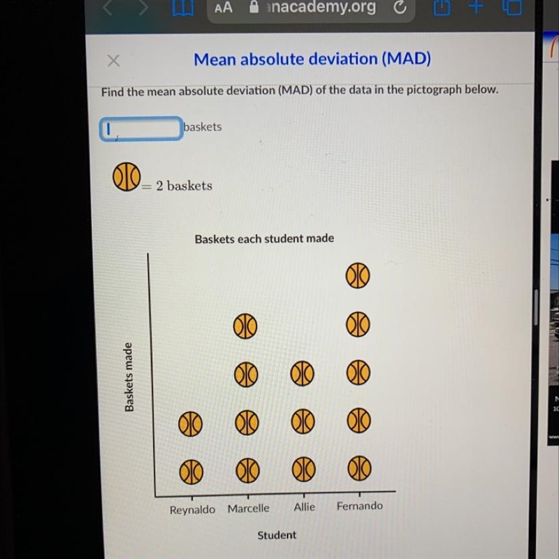 Find the mean absolute deviation (MAD) of the data in the pictograph below. baskets-example-1