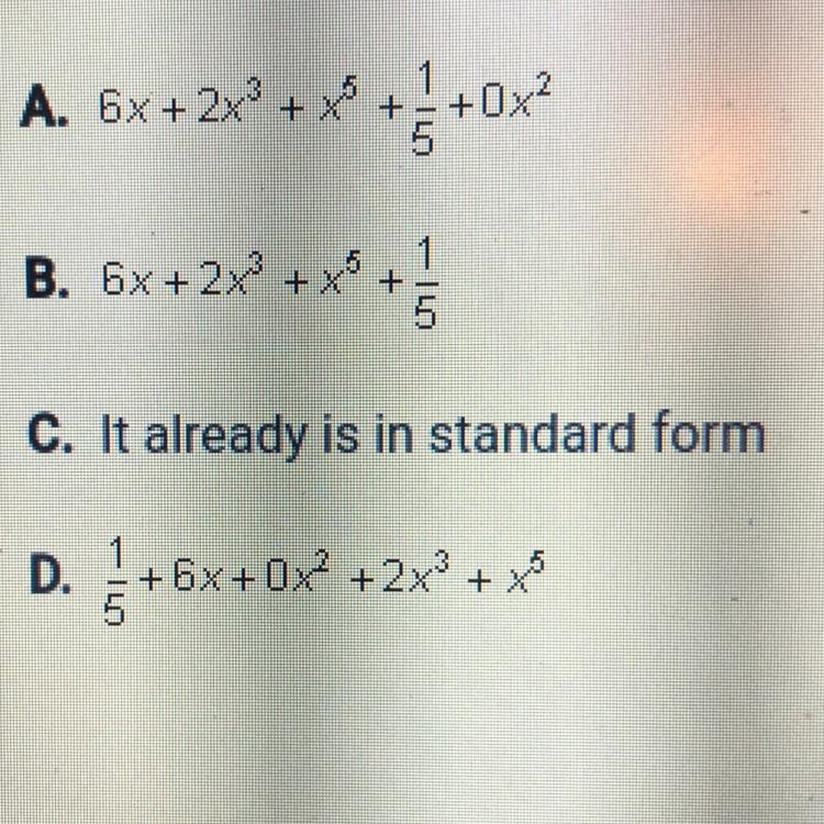 Write the following equation in standard form: x^5 + 2x^3 +6x + 1/5-example-1