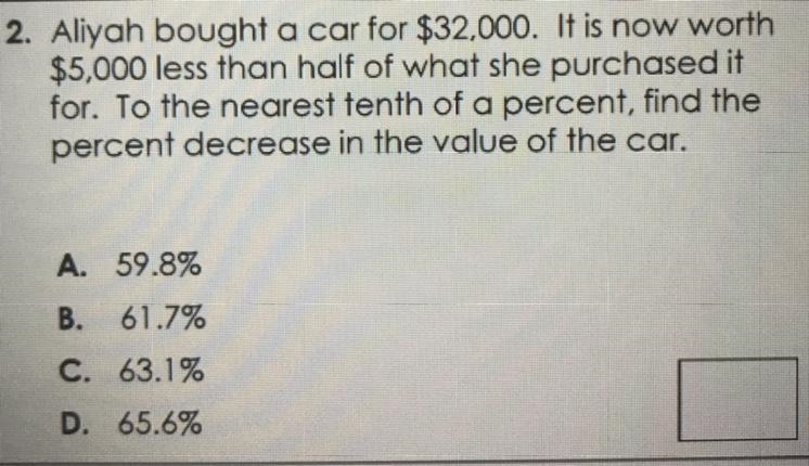 Aliyah bought a car for $32,000. It is now worth $5000 less than half of what she-example-1