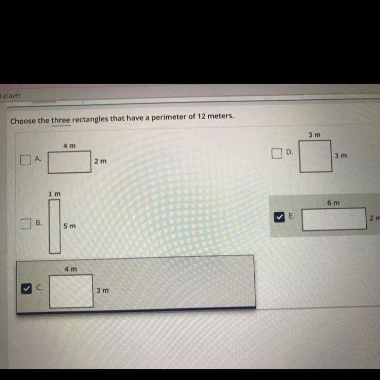 Choose the three rectangles that have a perimeter of 12 meters.-example-1