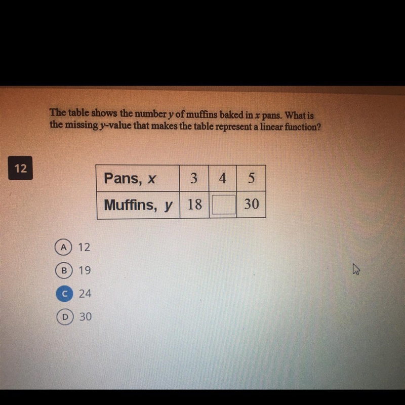 The table shows the number y of muffins baked in x pans. What is the missing y-value-example-1