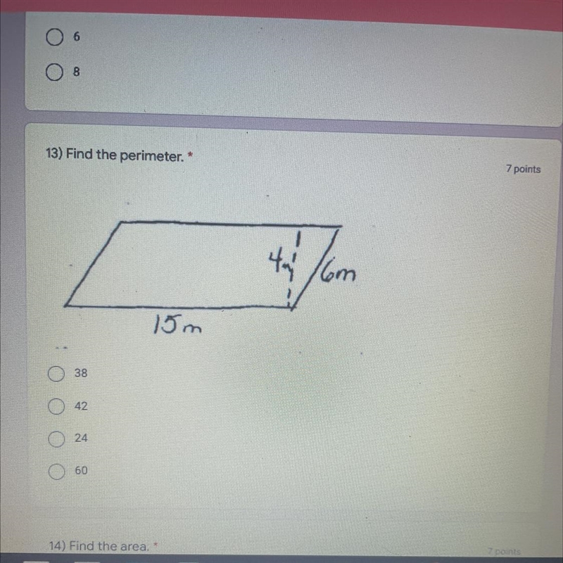 13) Find the perimeter. 7 points 43 Com 38 42 24 60-example-1