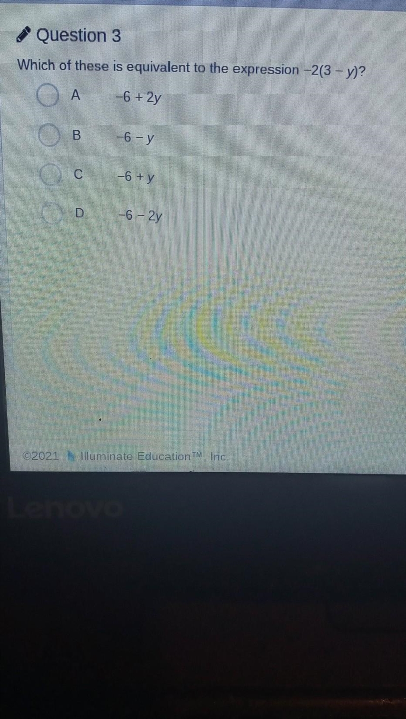 Which of these expression is equivalent to -2(3-y)​-example-1