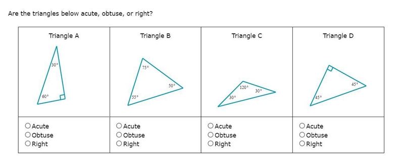 Are the triangles below obtuse, acute, or right?-example-1