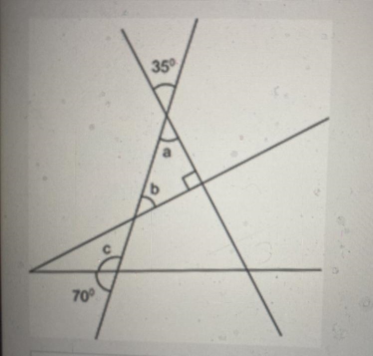 What are the measures of angles a,b, and c? Show your work and explain your answers-example-1