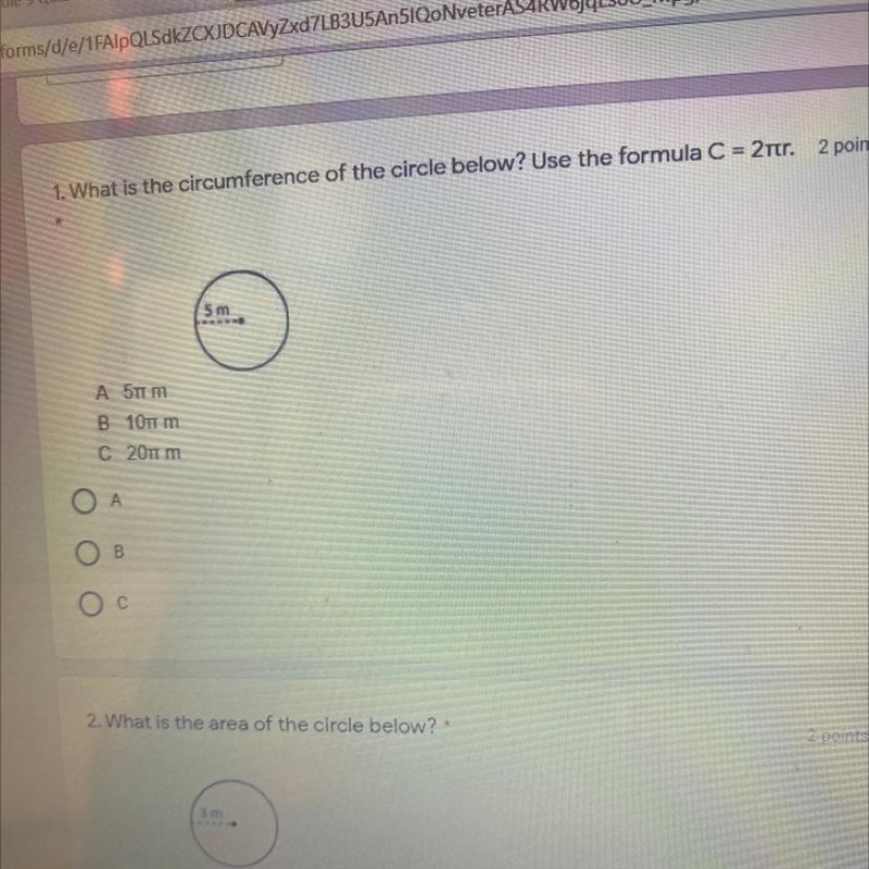 What is the circumference of the circle below? Use the formula C = 2tr. 5 m A 5 m-example-1